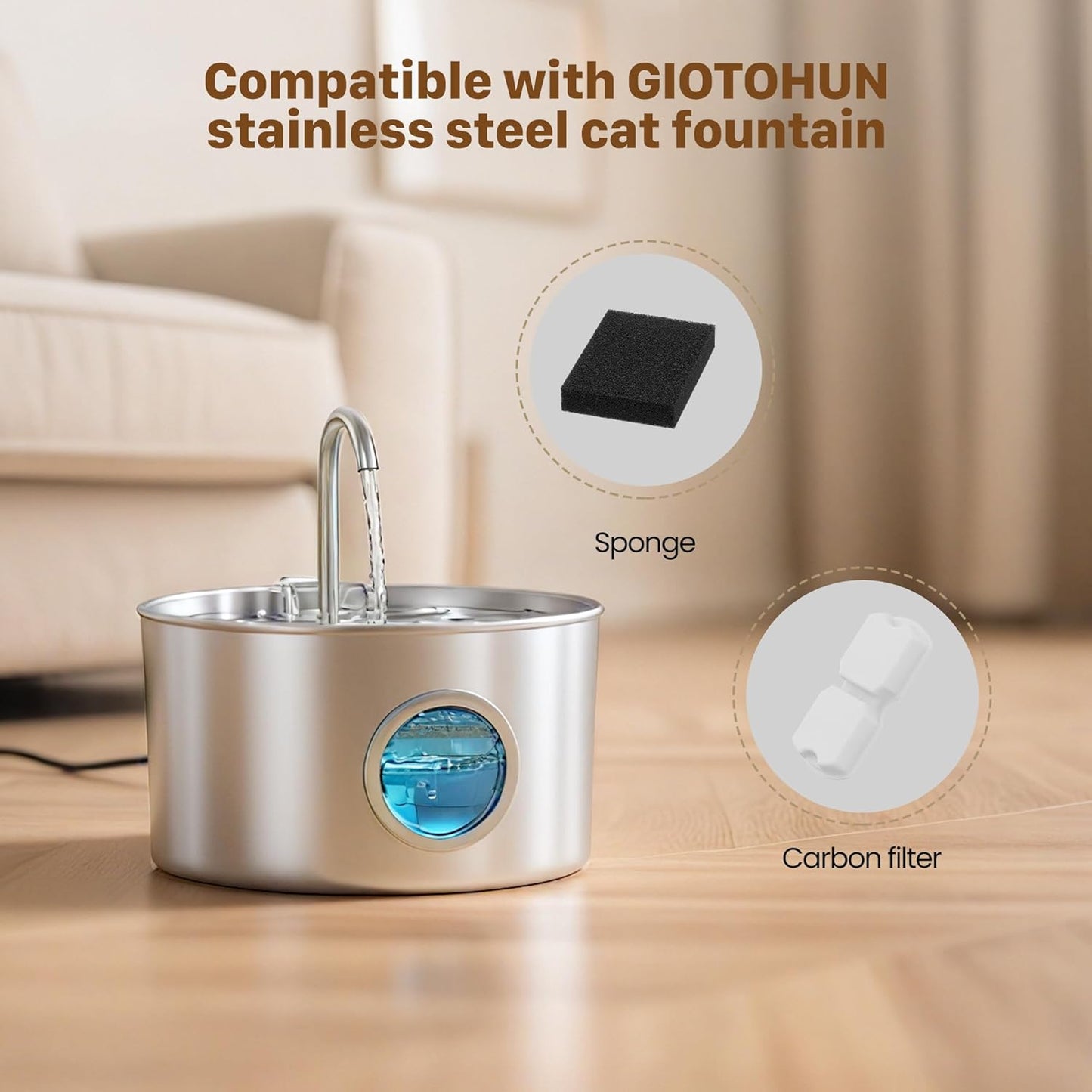 Cat Water Fountain Stainless Steel: Cat Fountain - 2.2L/74oz Water Fountain Indoor Cat - Pet Water Fountain - Quiet Automatic Cat Water Dispenser - Dog Drinking Fountain - GIOTOHUN
