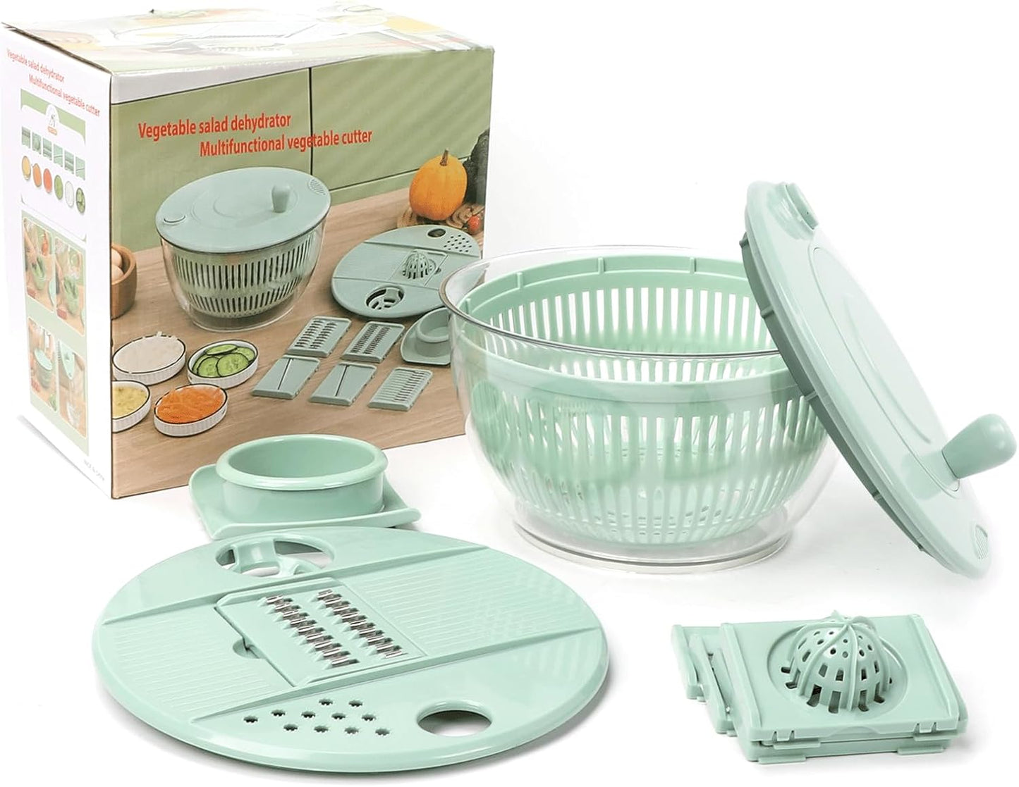 Domigard 5.3 Qt Salad Spinner Large Lettuce Spinner, 10 in 1 Multifunction Vegetable Dryer with 5 Blades, Fruit Washer Spinner with Transparent Bowl