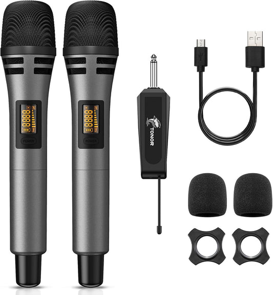 TONOR Wireless Microphones, UHF Dual Karaoke Microphone System, Microfonos Inalambricos with Rechargeable Receiver, Cordless Dynamic Mic for Singing, Wedding, DJ, Party, Speech TW320 Grey