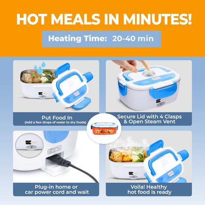 FORABEST Electric Lunch Box Food Heater 80W 1.5L Stainless Steel Heated Lunch Box for Men & Women, Universal 12/24/110/220V Self Heating Lunch Box for Car, Truck & Work, Portable Food Warmer lunch box