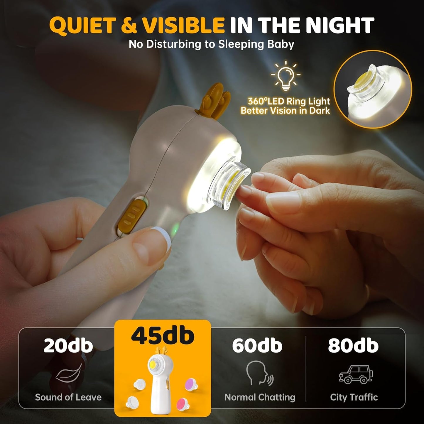 Baby Electric Nail File with Clipper, 5-in-1 Baby Nail Trimmer with LED Light, Rechargeable Nail Clippers for Infant Toddler Kid Adult, Low Noise, Includes 5 File Pads, Yellow Deer