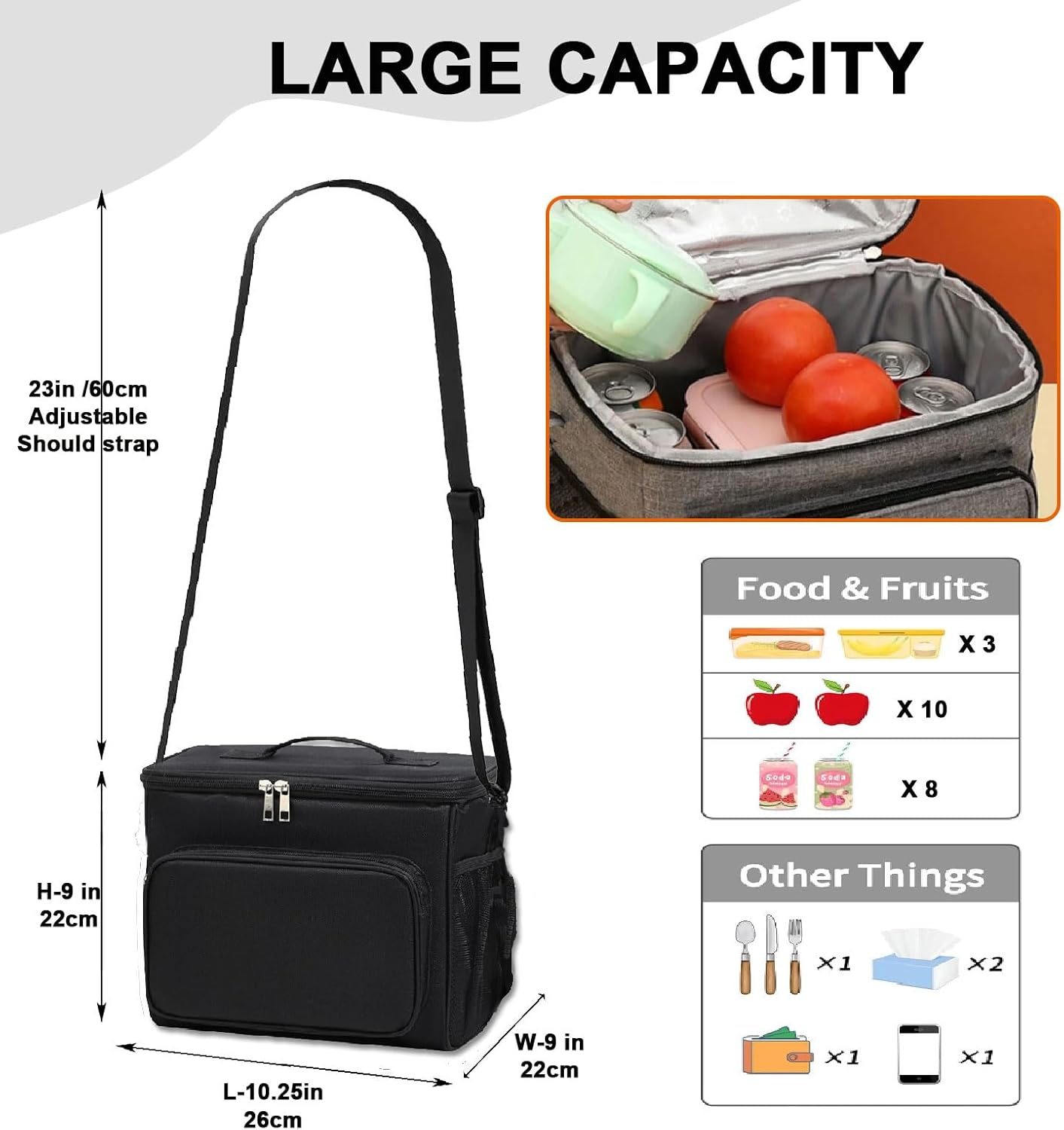 Lunch Bag for Adult Men Women Reusable 10L Large Thermos Lunch Box Food Cooler Bag Leakproof Heated Lunch Bag for Work Office Outdoor Picnic School Unisex Insulated Bag, 12+ Cans (Black)