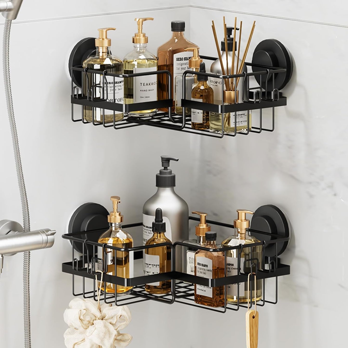 LEVERLOC Shower Caddy Suction Cup, 2 Pack Black Shower Shelf with Hooks and Soap Holder, NO-Drilling Bathroom Organizer, Rustproof Metal Bathroom Storage and Organization