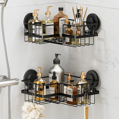LEVERLOC Shower Caddy Suction Cup, 2 Pack Black Shower Shelf with Hooks and Soap Holder, NO-Drilling Bathroom Organizer, Rustproof Metal Bathroom Storage and Organization