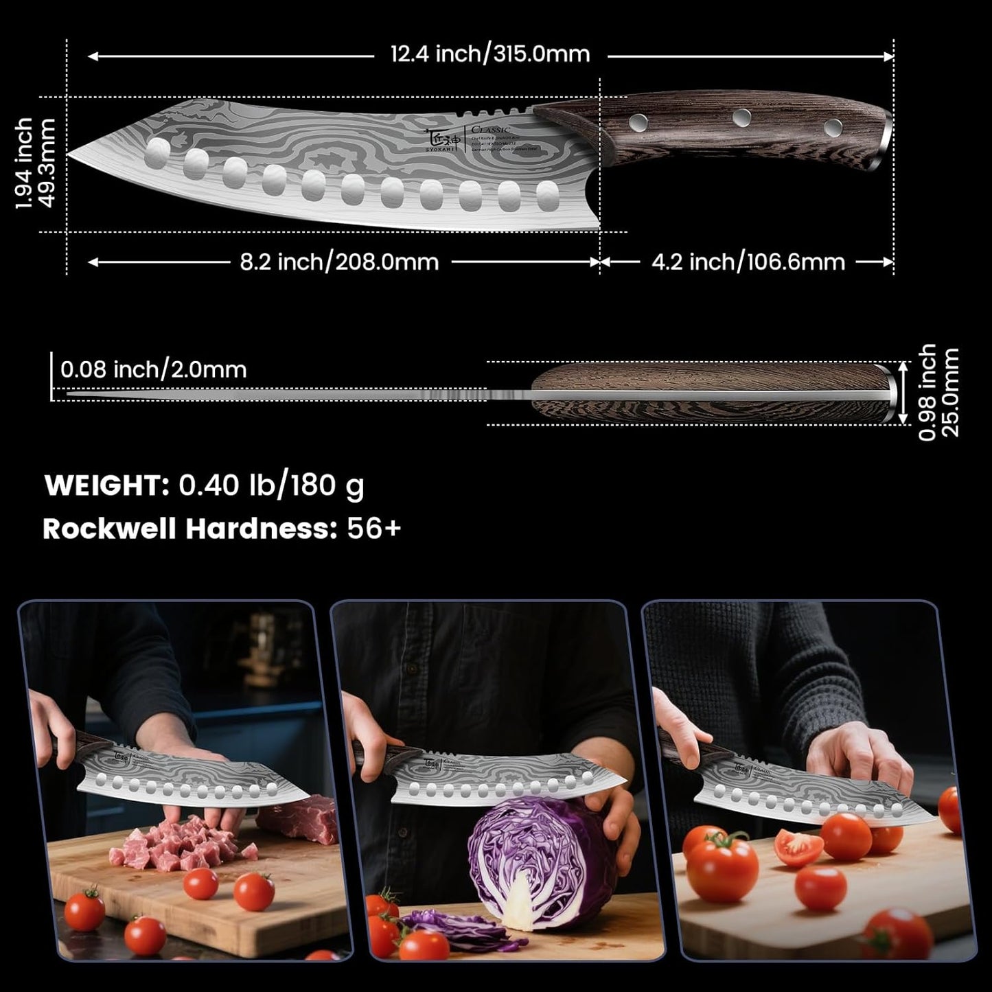 SYOKAMI Meat Cleaver Chef Knife, 7.7 Inch Multifunction Butcher Knife with Herb Stripper and Sheath, Chinese Cleaver Heavy Duty Bone Chopper, Meat Cutting, Damascus Pattern Full Tang Wood Handle