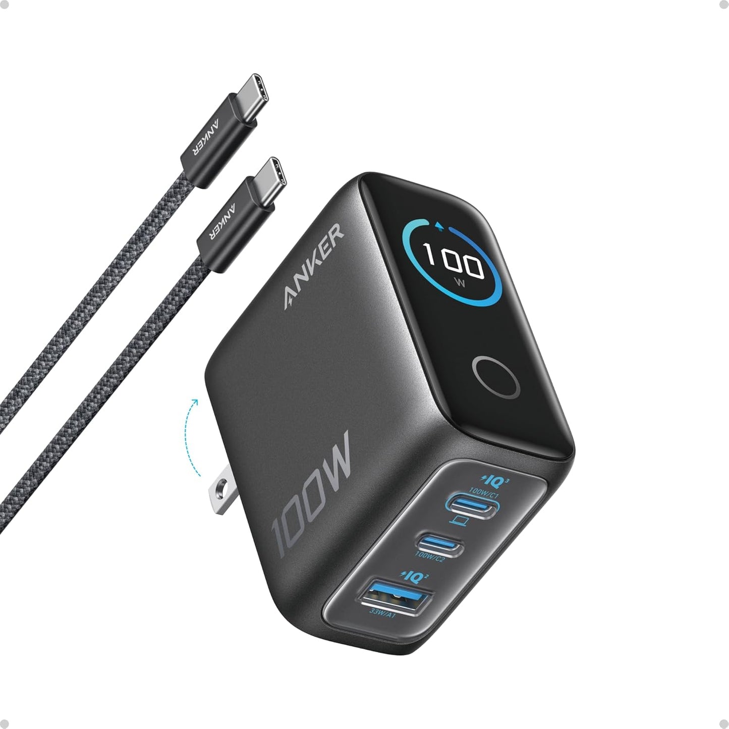 Anker 100W Max USB C Charger, 3-Port GaN Phone Charger with Smart Display | Fast Laptop Charger with Touch Control for iPhone 17 Series,iPad,MacBook Pro/Air(Cable Included, Non-Battery, Black)