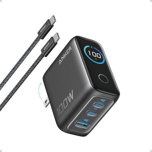 Anker 100W Max USB C Charger, 3-Port GaN Phone Charger with Smart Display | Fast Laptop Charger with Touch Control for iPhone 17 Series,iPad,MacBook Pro/Air(Cable Included, Non-Battery, Black)