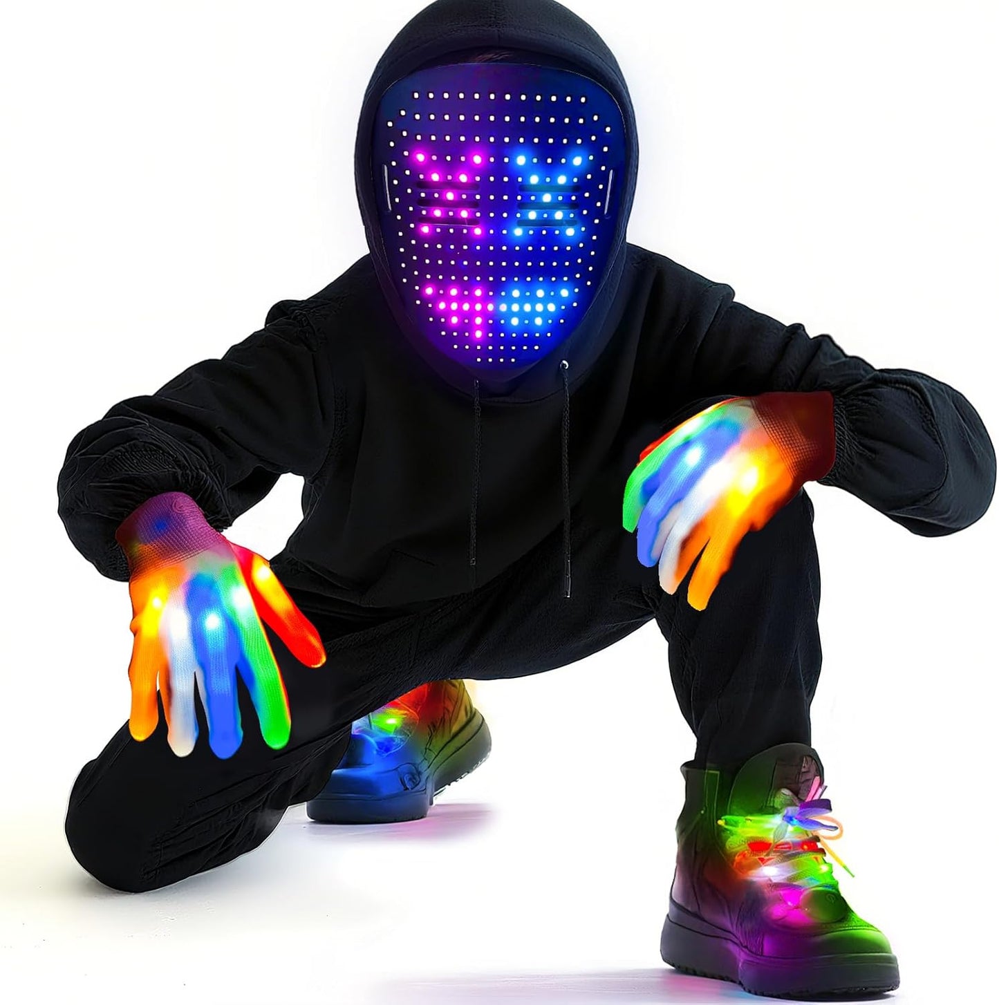 LED Mask & Glow Set with Gesture Sensing, Halloween Rechargeable Mask Light Up Gloves and Shoelaces for Adults, 59 Lighting Effects for Halloween Cosplay Parties