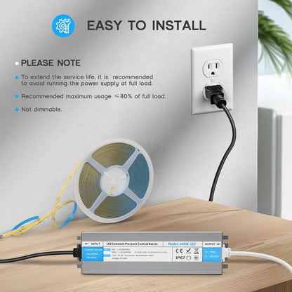 LED Driver 100 Watts Waterproof IP67 Power Supply 85V-265V AC to 12V DC Converter,Quiet and Small LED Transformer Low Voltage Output with 3-Prong Plug 3 Feet Cable for LED Light Strip, Outdoor