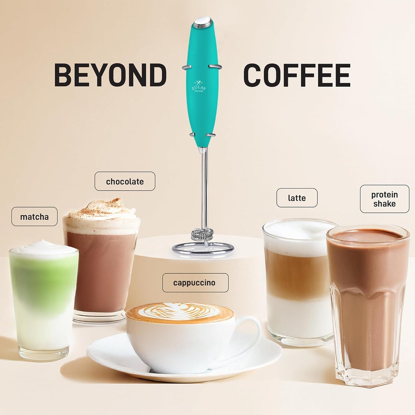 Zulay Kitchen Powerful Double Whisk Milk Frother Handheld - Foam Maker with Stand - Whisk Drink Mixer for Coffee, Mini Foamer for Latte, Matcha, Frappe, Hot Chocolate & Cappuccino (Black)
