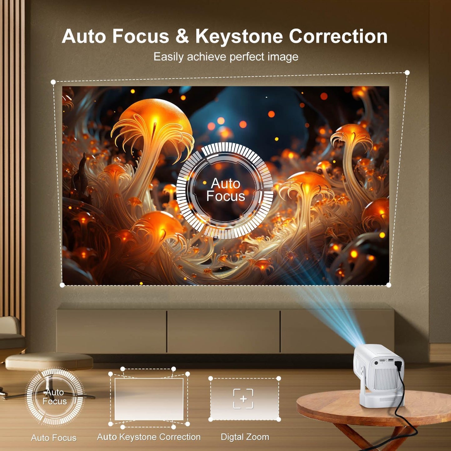 [ Auto Focus/Keystone ] Smart Projector with WiFi and Bluetooth 5.4, SALANGE 1080P Native Projectors 4K, Short Throw Projector w Built in Apps, Android 11, Mini Portable Proyector HY260pro