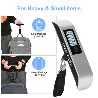 travel inspira Luggage Scale, Portable Digital Hanging Baggage Scale for Travel, Suitcase Weight Scale with Rubber Paint, 110 Pounds, Battery Included - Blue
