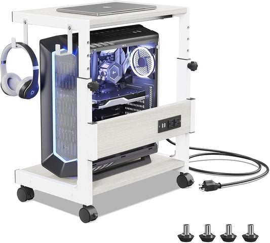 Height Adjustable Computer Tower Stand with Charge Station and USB Charging Port, 2-Tier ATX-Case Cart, Under Desk Mobile PC Stand, CPU Holder Cart with Locking Caster Wheels for Fits Most PC