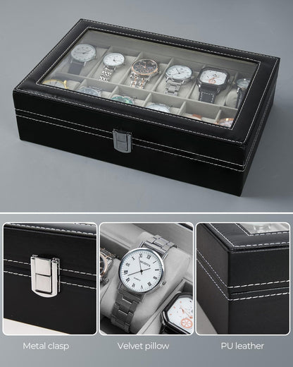 Ohuhu Watch Box Organizer for Men -12 Slot Leather Watch Case with Real Glass Lid Watch Display Case, Watch Organizer Jewelry Storage Box