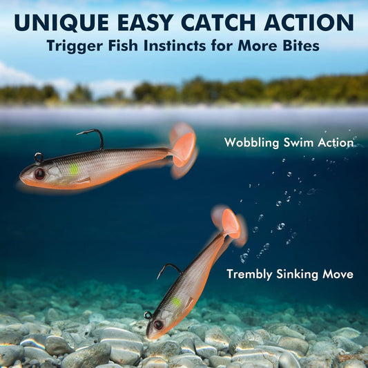 TRUSCEND Easy Catch Pre-Rigged Soft Lures, Unique Vibrating Swim Action and Trembly Sinking Move for More Bites, Amazing Soft Swimbait for Family Fishing, Fishing Lures for Bass Trout Crappie Walleye - PuriLite