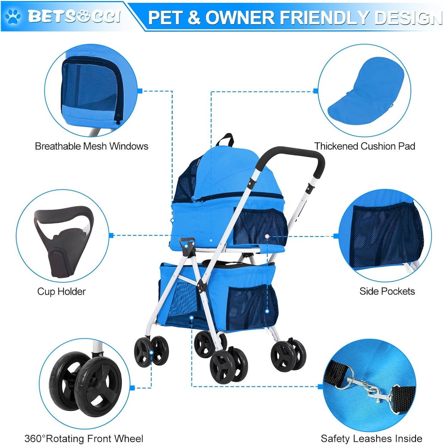 Double Pet Stroller with Detachable Carrier for Medium Small Dogs and Cats, Foldable 3-in-1 Cat Stroller with 4 Wheels Lightweight for 2 Dogs or Cats Light Blue