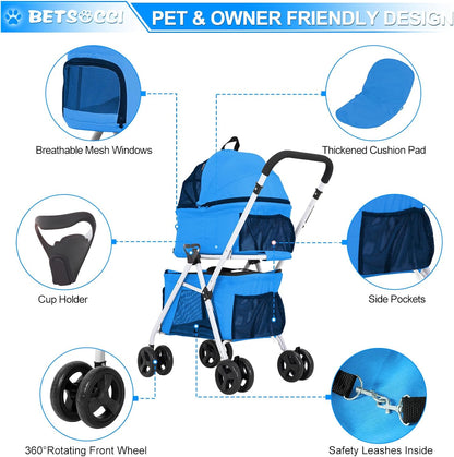 Double Pet Stroller with Detachable Carrier for Medium Small Dogs and Cats, Foldable 3-in-1 Cat Stroller with 4 Wheels Lightweight for 2 Dogs or Cats Light Blue