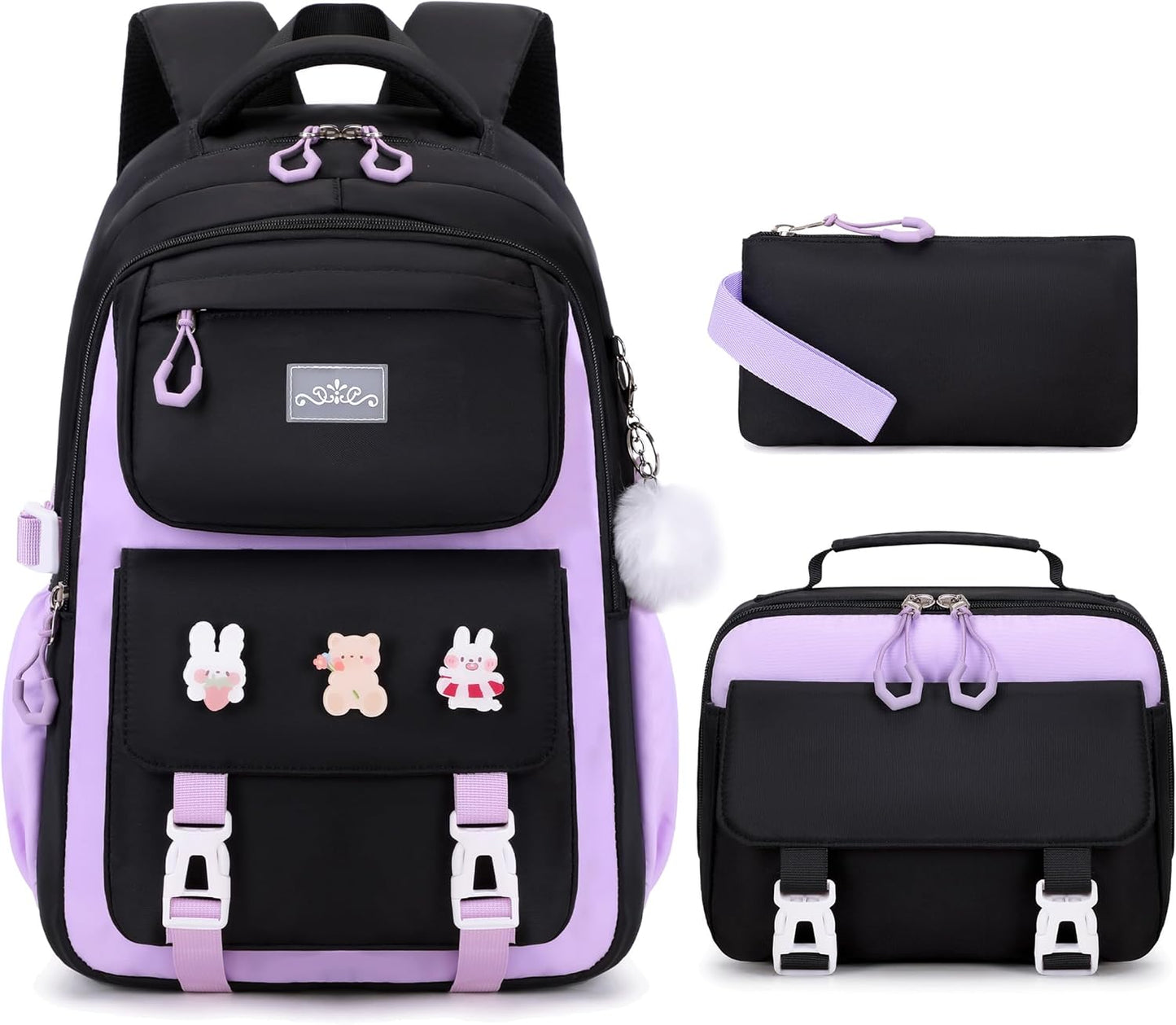 DIGOBAY Girls Backpack, School Backpack for Girls with Lunch Box Pencil Case Set for Teen Kids Girl Elementary Primary Middle High College School Bookbag with Cute Pins Pink