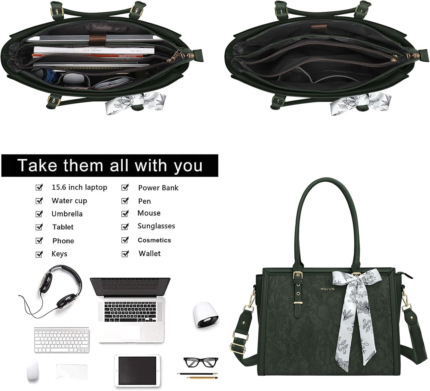 MOSISO Laptop Bag for Women, 17-17.3 inch PU Leathe Tote Bag Compatible with MacBook, HP, Dell, Asus Notebook, Front Embossed Retro Hibiscus Computer Bag with Silk Scarf&Clutch Purse, Gray - PuriLite