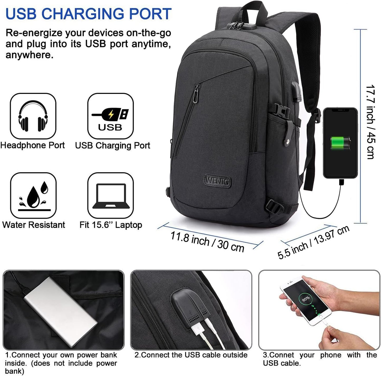 Laptop Backpack,Anti Theft Business Travel Backpack for Men Women Work Bag Slim Laptop Bag with USB Charging Port Lock,Durable Water Resistant Computer Bag Fits 15.6 Inch Laptop Notebook,Black