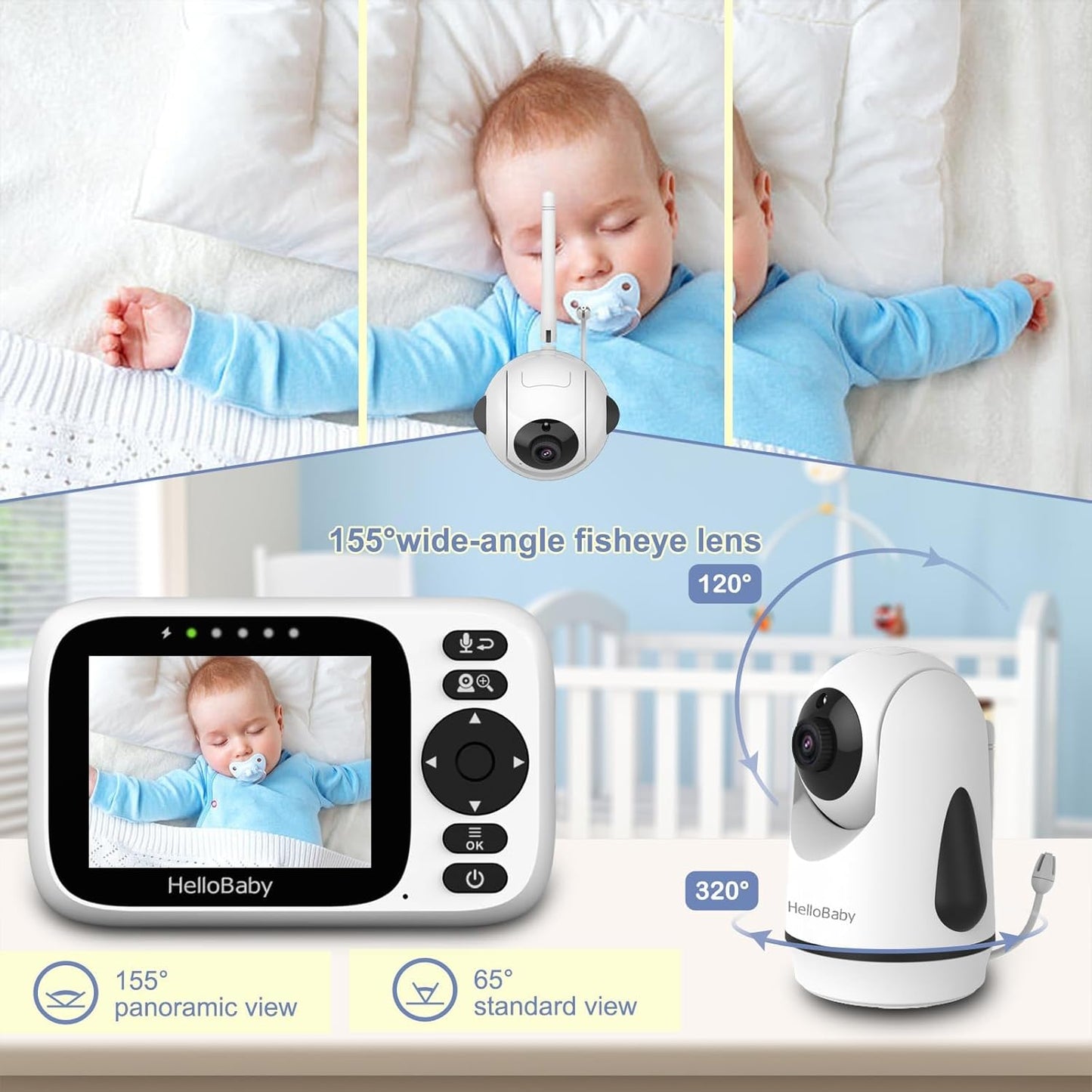 HelloBaby Baby Monitor No WiFi,Video Baby Monitors with Camera and Audio,3.2'' IPS Screen, Remote Pan-Tilt-Zoom Baby Camera Monitor,Plug&Play,Night Vision,1000ft Range,2-Way Talk, ECO Mode,Temperature