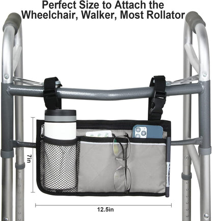 Wheelchair Side Bag, Wheelchair Armrest Storage Pouch with Cup Holder and Reflective Strip for Wheelchairs, Walkers or Rollators (Black)