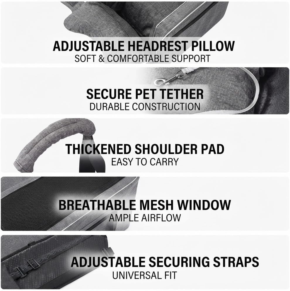 Console Dog Seat for Mazda MX-5 Miata 2000-2025, Pet Booster, Automotive Car Bed, Cat Soft-Sided Carrier, Portable Vehicle Travel Bag Grey
