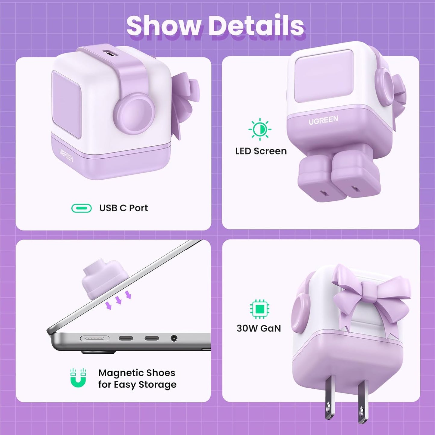UGREEN Uno 30W USB C Charger, Nexode Robot GaN Fast Charger Block, Compact Wall Charger Power Adapter for iPhone 15 Pro Max/14, Galaxy S24/S23/S22, Pixel 7 Pro/8 Pro, MacBook Air, iPad Pro, Purple