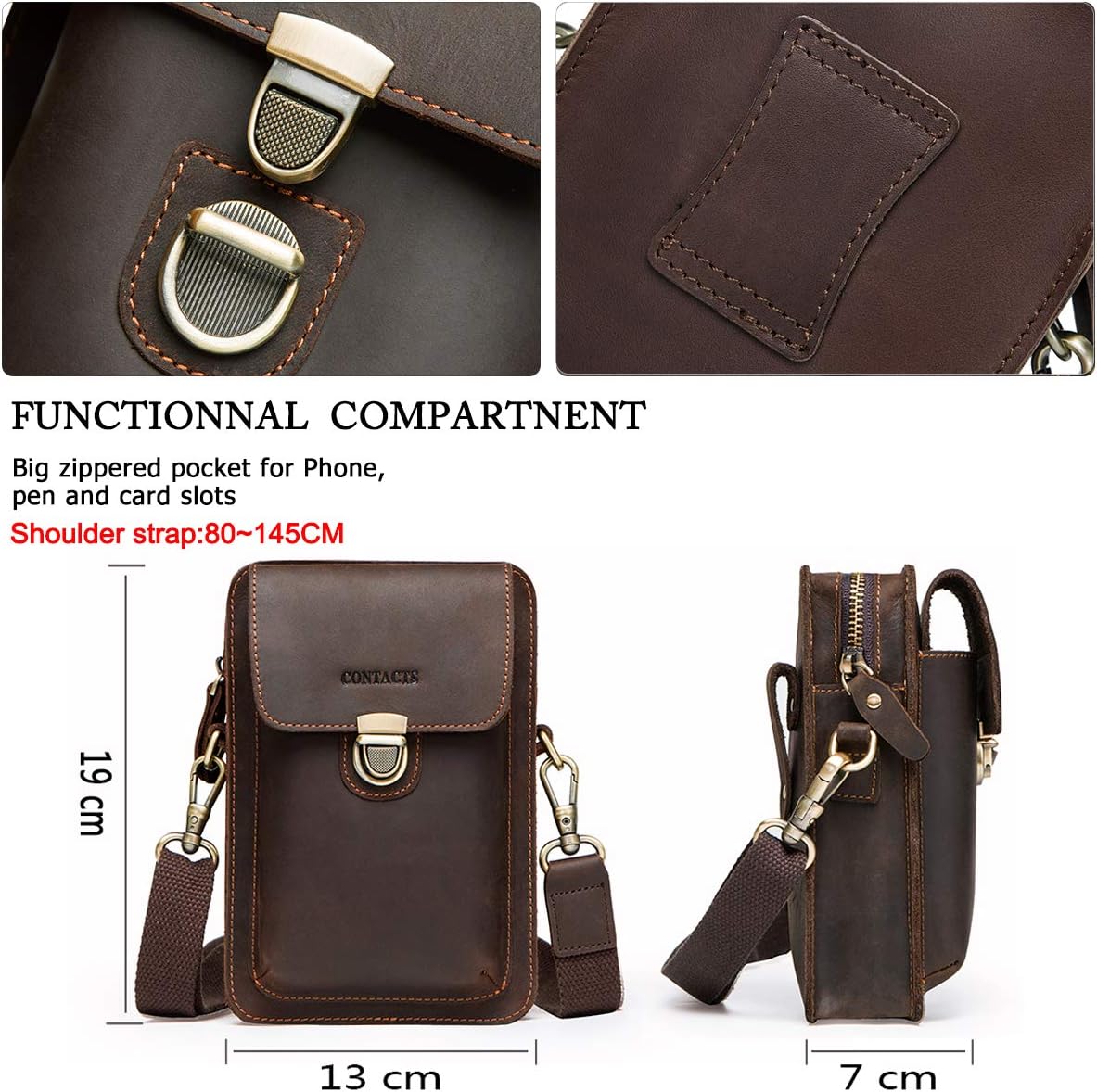 Contacts Men Waist Pack Small Shoulder Bag Pouch Purse Genuine Leather Vintage Travel Cell Phone Bag with Card Holder