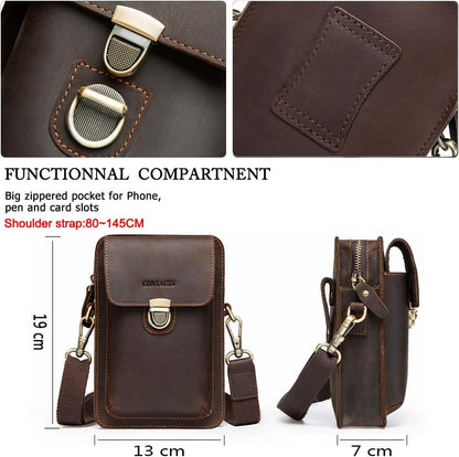 Contacts Men Waist Pack Small Shoulder Bag Pouch Purse Genuine Leather Vintage Travel Cell Phone Bag with Card Holder