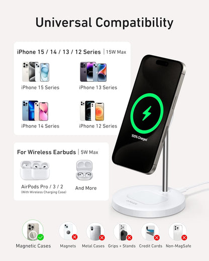 Anker MagSafe Compatible MagGo Charger Stand, iPhone 16 Wireless Charger, 2-in-1 Charging Station, Qi2 Certified 15W Max Charging, for iPhone 16/15/14/13/12, AirPods Pro (White, with 40W Adapter)