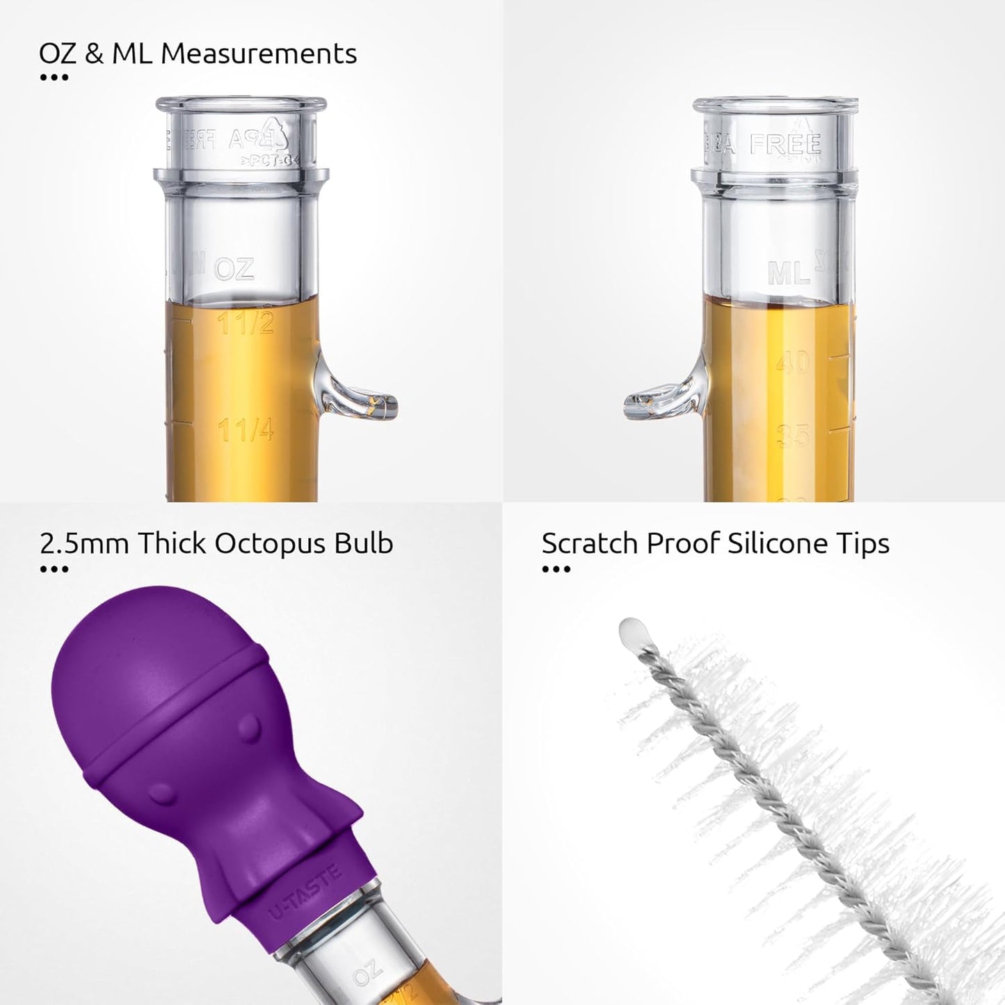 U-Taste 1.5oz Angled Turkey Baster - 228.2ºF Heat Resistant Food Grade Silicone Large Octopus Bulb Baster Set with Cleaning Brush for Cooking Basting Meat Poultry Beef Chicken (Black)