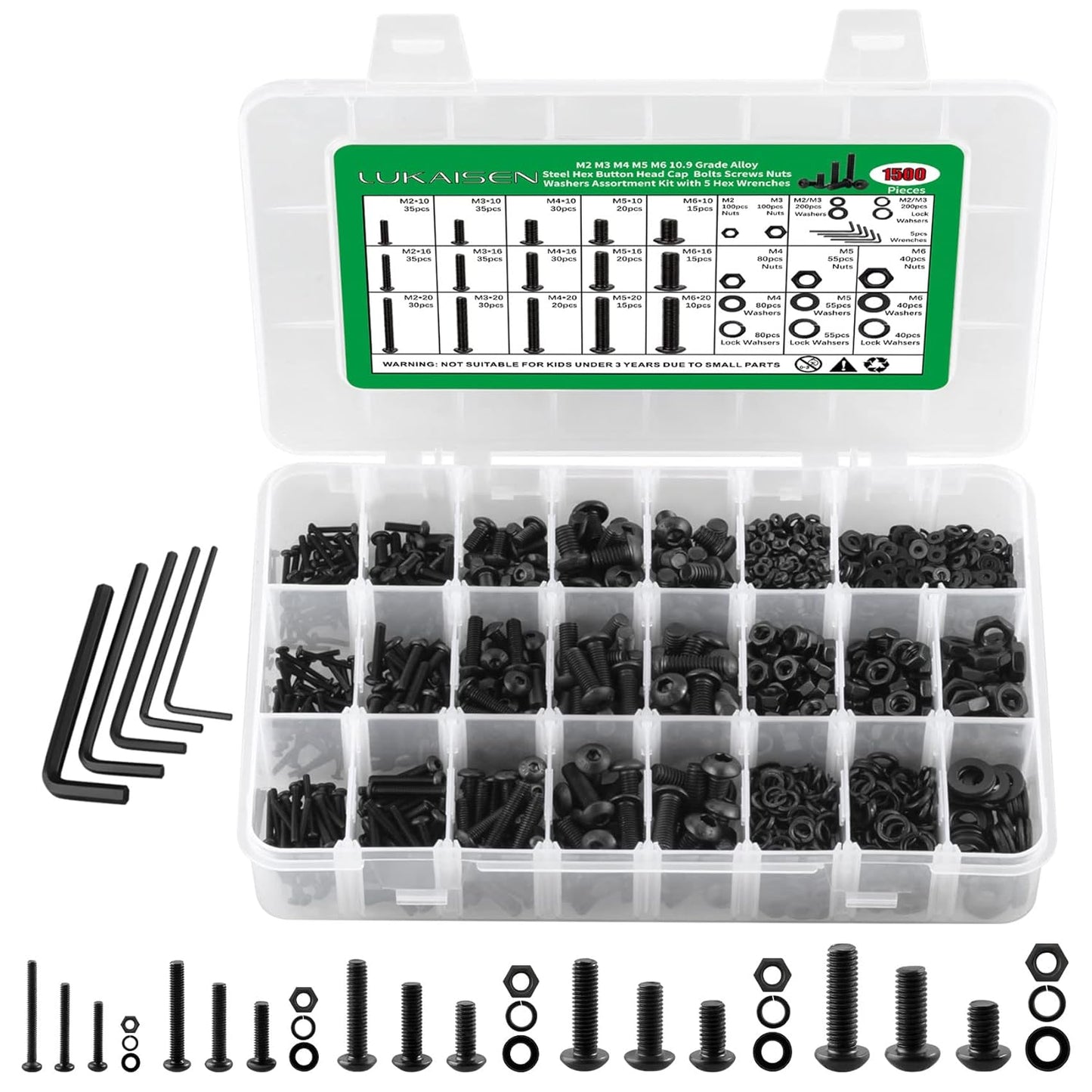 860PCS Metric Screw Assortment Kit, M2 M3 M4 M5 Machine Screws with Lock & Flat Washers, 10.9 Grade Alloy Steel, Metric Hex Button Head Cap Nuts and Bolts Assortment Kit with 4 Wrenches