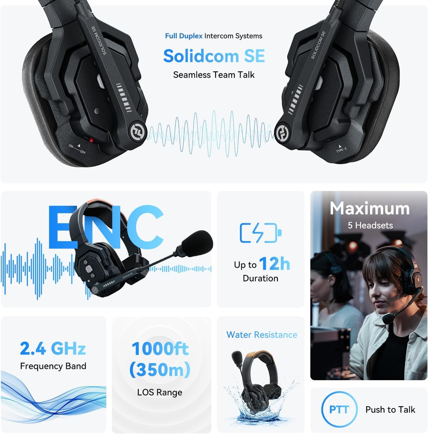 Hollyland Solidcom SE Full Duplex 2-Users ENC Noise Cancellation Wireless Intercom Headset System 1100ft Team Communication with PTT Mute Single Ear Headset for TV Film Production Drone (2.4G Version)