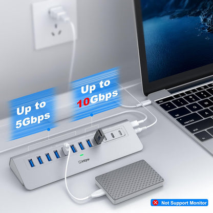Powered USB Hub, Intpw 9-Port USB 3.2/USB C Hub with 10Gbps, 5*USB 3.0 + 45W PD Charging Ports, 3.3FT Cable and 65W Power Adapter, Aluminum USB Extender Hub for iphone16/ipad/Macbook/Laptop,PC