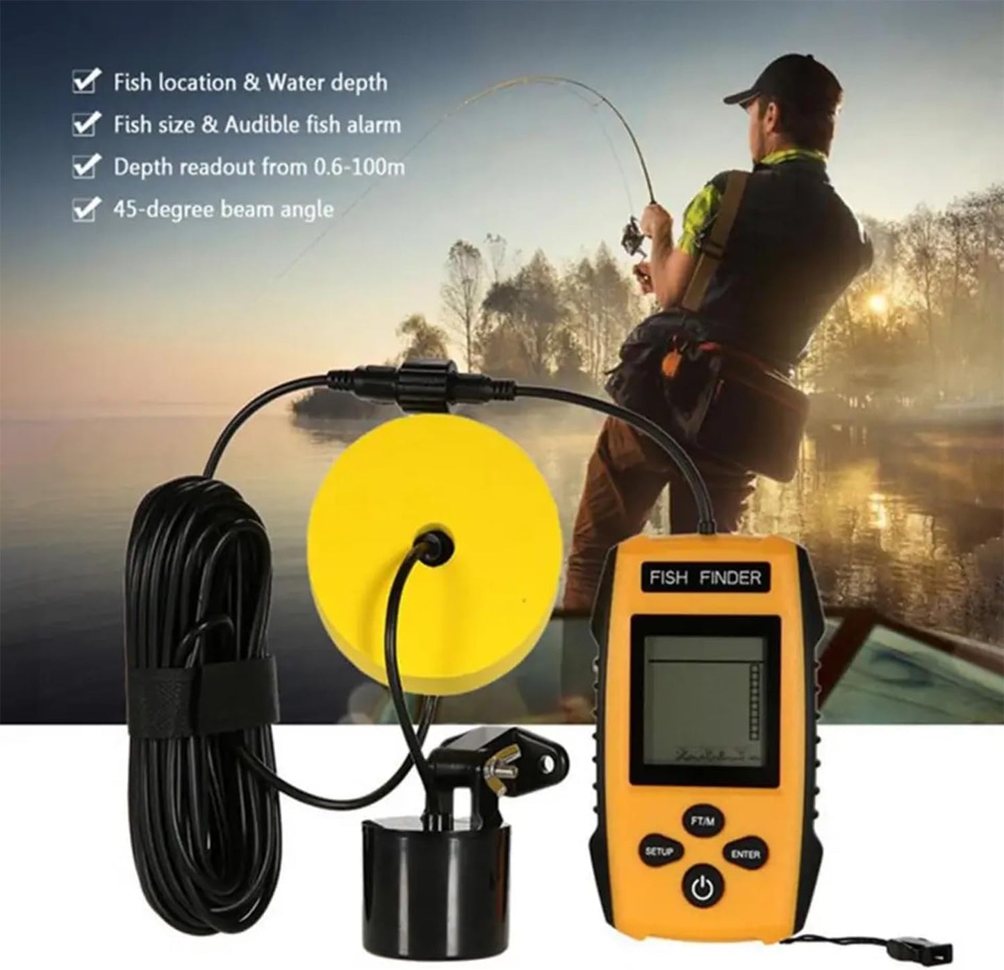 100M Sonar Fish Finders 45 Degrees Sonar Coverage Echo Sounder Alarm Transducer Underwater Fishing Detector for Lake Sea Fishing
