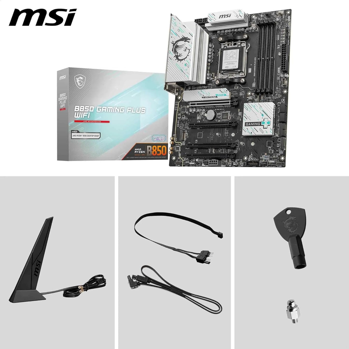MSI B850 Gaming Plus WiFi Gaming Motherboard (AMD Ryzen 9000/8000/7000 Series Processors, AM5, DDR5, PCIe 4.0, M.2, SATA 6Gb/s, USB 3.2 Gen 2, HDMI/DP, Wi-Fi 6E, Bluetooth 5.3, 2.5Gbps LAN, ATX)
