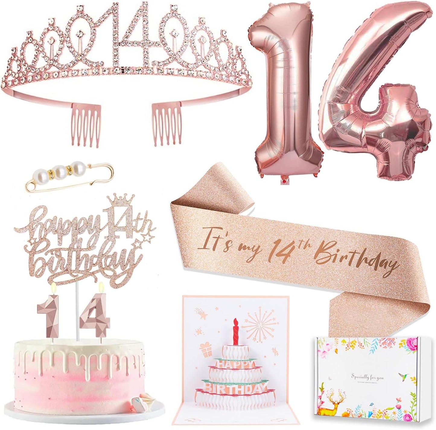 8pcs 40th Birthday Decorations gifts for Women, Including 40th Happy Birthday Cake Topper, Queen Sash with Pearl Pin, Sweet Rhinestone Tiara Crown for Women, Number Candles and Balloons (Rose Gold)