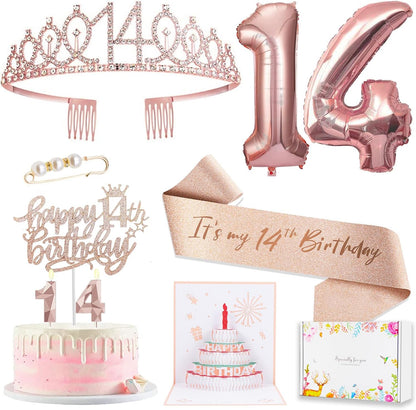 8pcs 40th Birthday Decorations gifts for Women, Including 40th Happy Birthday Cake Topper, Queen Sash with Pearl Pin, Sweet Rhinestone Tiara Crown for Women, Number Candles and Balloons (Rose Gold)