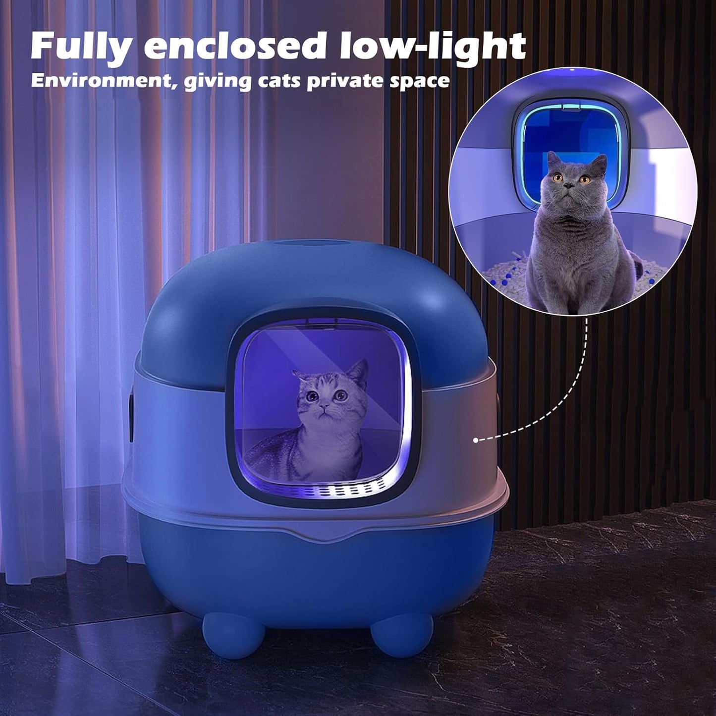 Ultra Large Fully Enclosed Cat Litter Box,Self Cleaning Cat Litter Tray for Cats with Automatic Anti-Sand Cage,Easy to Clean,Deodorize,Splash Proof Litter Box with Lid,55x38x36cm (Blue)