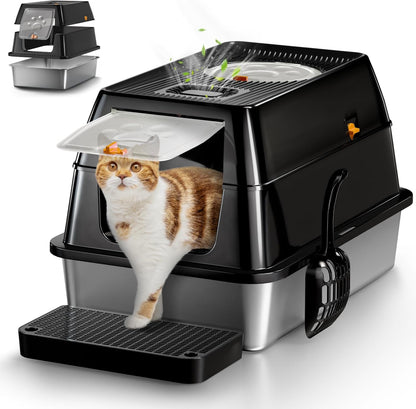 Eosarcu Stainless Steel Cat Litter Box with Lid, XL Large Enclosed Upgraded Litter Box with Removable Lid, Carbon Filters -Odor Free, Easy Cleaning, Anti-Urine Leakage for Big Cats/Multiples-Grey
