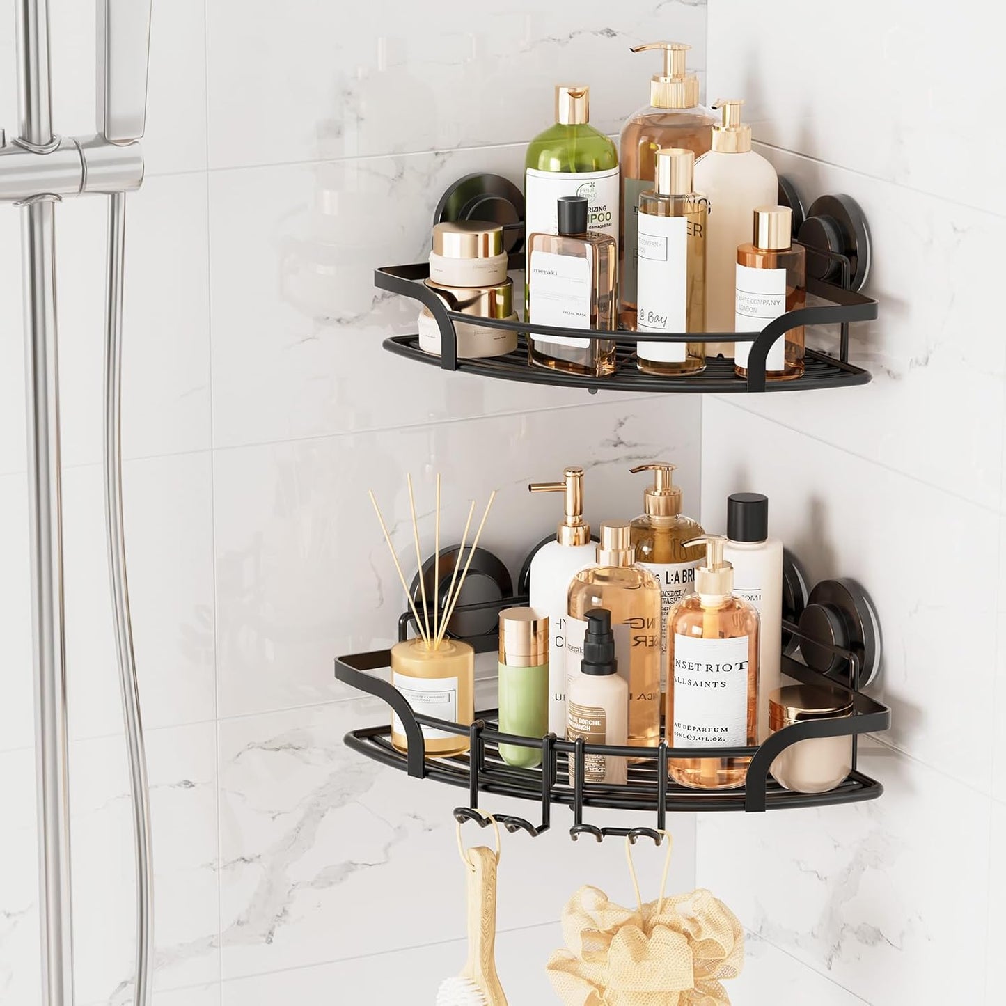LEVERLOC Shower Caddy Suction Cup, 2 Pack Black Shower Shelf with Hooks and Soap Holder, NO-Drilling Bathroom Organizer, Rustproof Metal Bathroom Storage and Organization