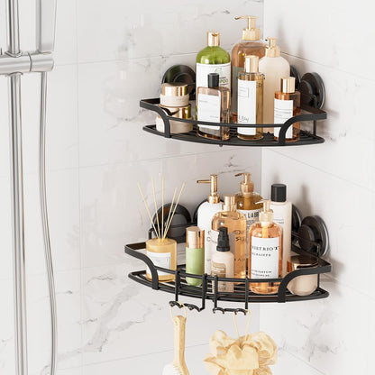 LEVERLOC Shower Caddy Suction Cup, 2 Pack Black Shower Shelf with Hooks and Soap Holder, NO-Drilling Bathroom Organizer, Rustproof Metal Bathroom Storage and Organization