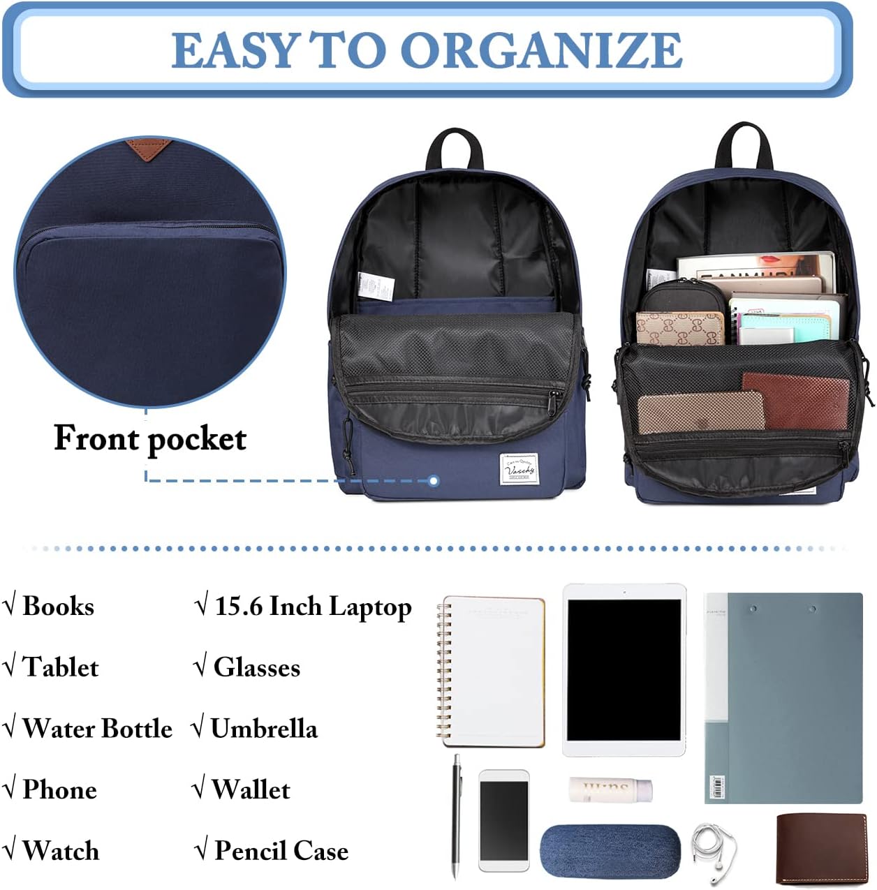 VASCHY Lightweight School Backpack for Women with Sleeve for 14" Laptop