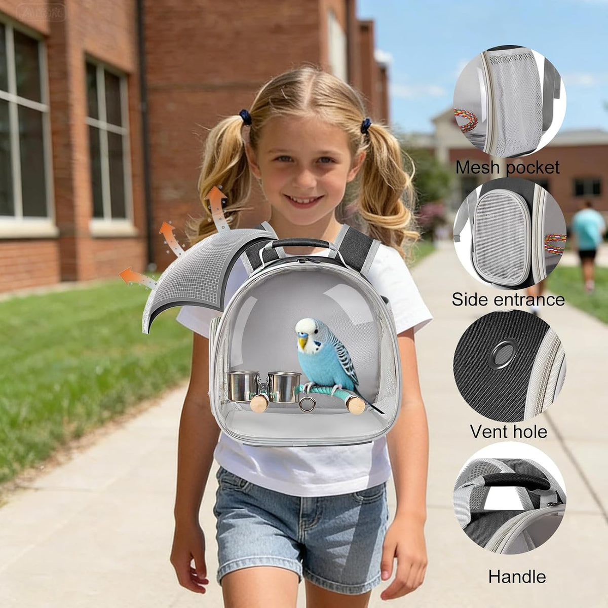 Small Bird Travel Carrier Backpack (Black, Perch & Cup Set)