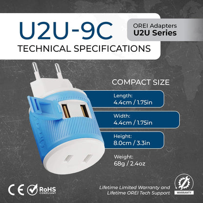 OREI South Africa, Botswana, Namibia Travel Plug Adapter with Dual USB - USA Input - Type M (U2U-10L), Will work with Cell Phones, Camera, Laptop, Tablets, iPad, iPhone