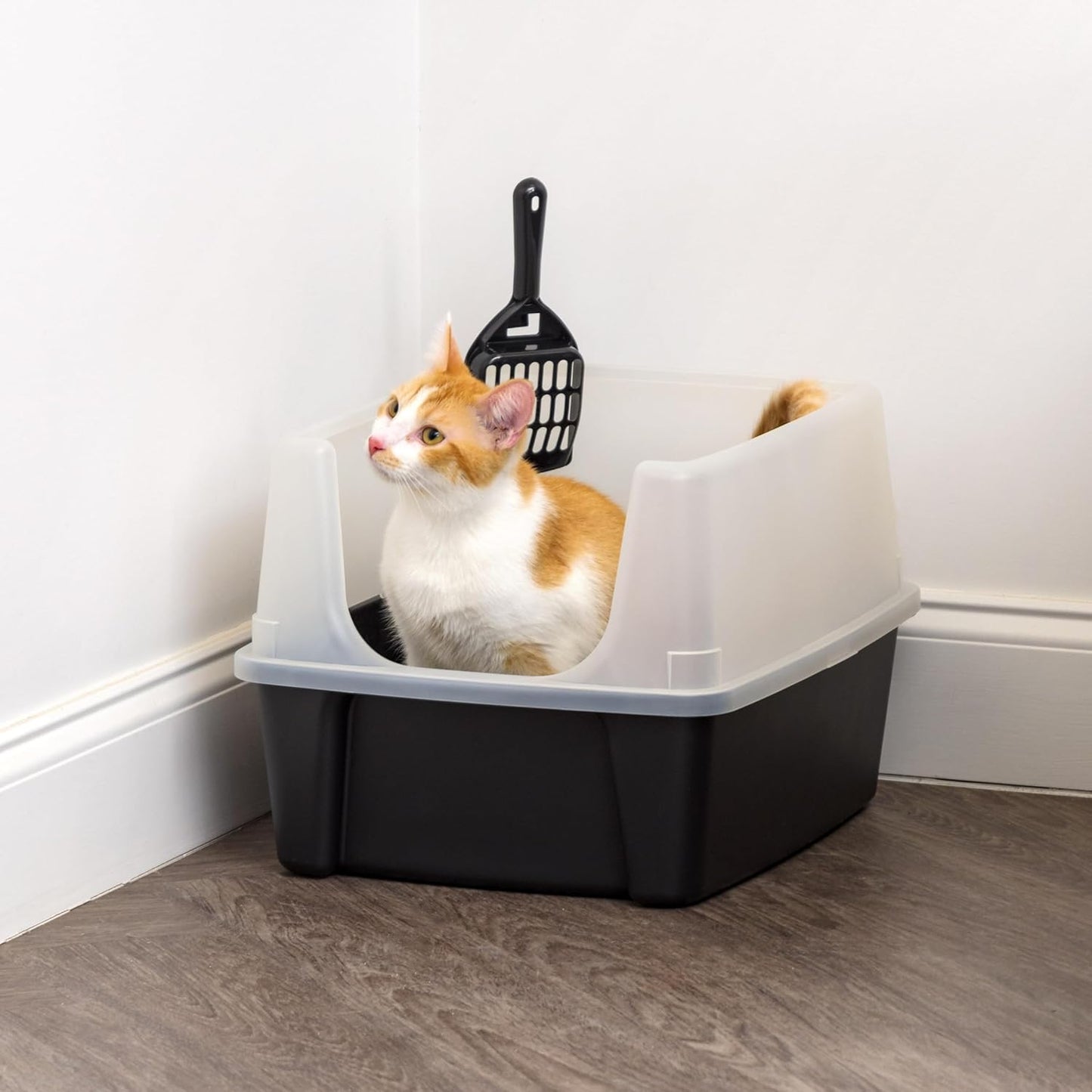 IRIS USA Top Entry Cat Litter Box with Scoop - Large - Stylish Enclosed Round Oval Kitty Dog Proof Box, Litiere Pour Chat Bac - White/Beige