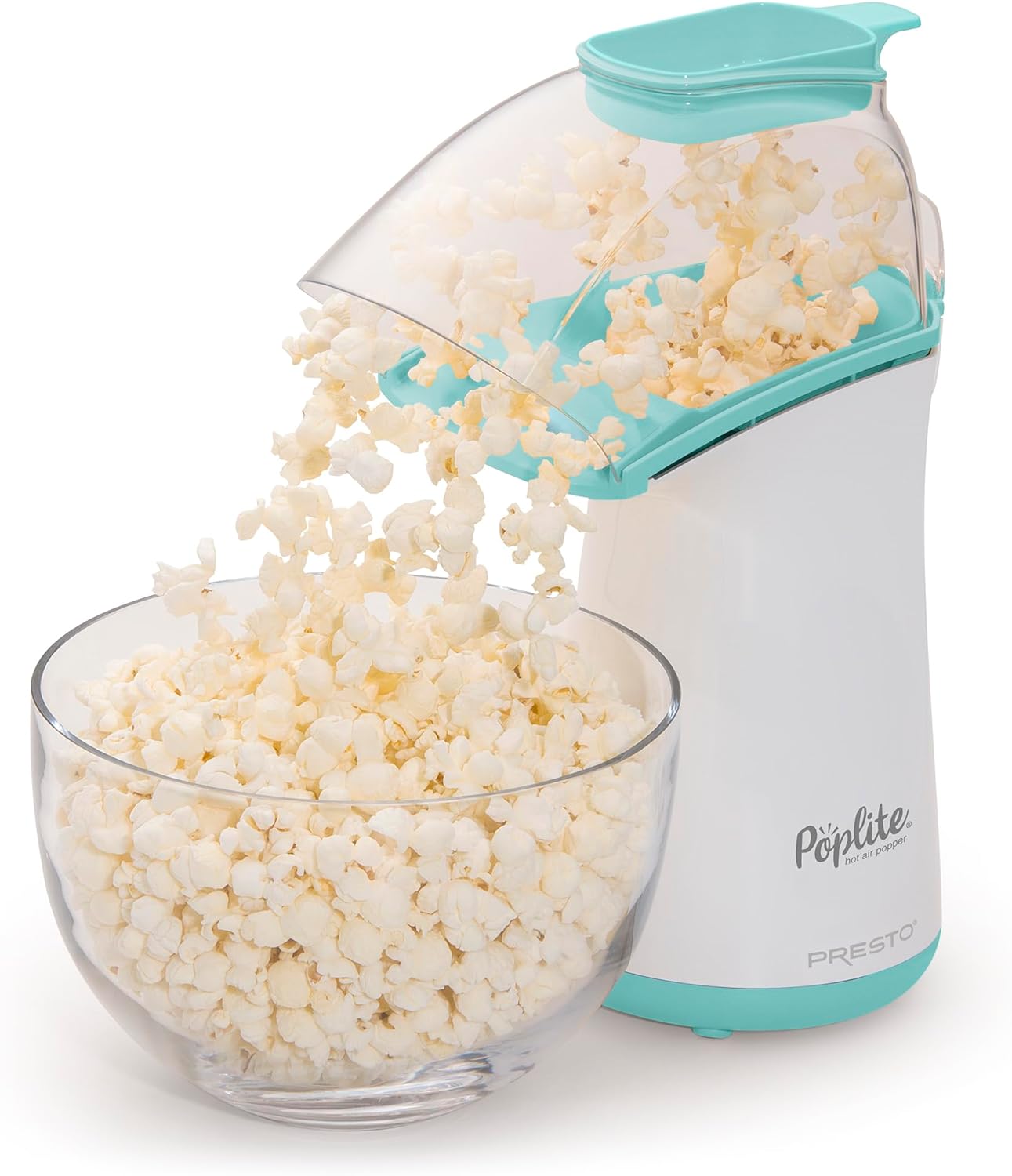Presto 04869 Poplite Hot Air Popcorn Popper - Built-In Measuring Cup + Melts Butter, Easy to Clean, Built-In Cord Wrap, 18 Cups, Aqua/White
