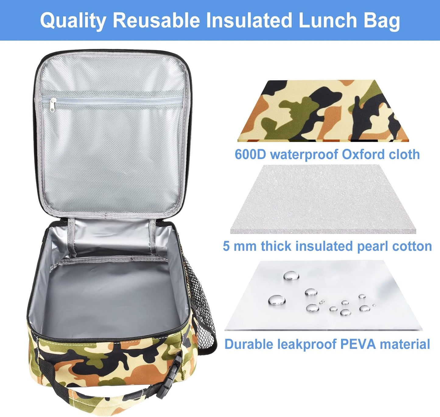 Insulated Lunch Bag, Leakproof Portable Lunch Box for Women Men Boys Girls, Large Capacity Cooler Bag with Handle and Bottle Pocket for Office School Camping Hiking Outdoor Beach Picnic (Black)