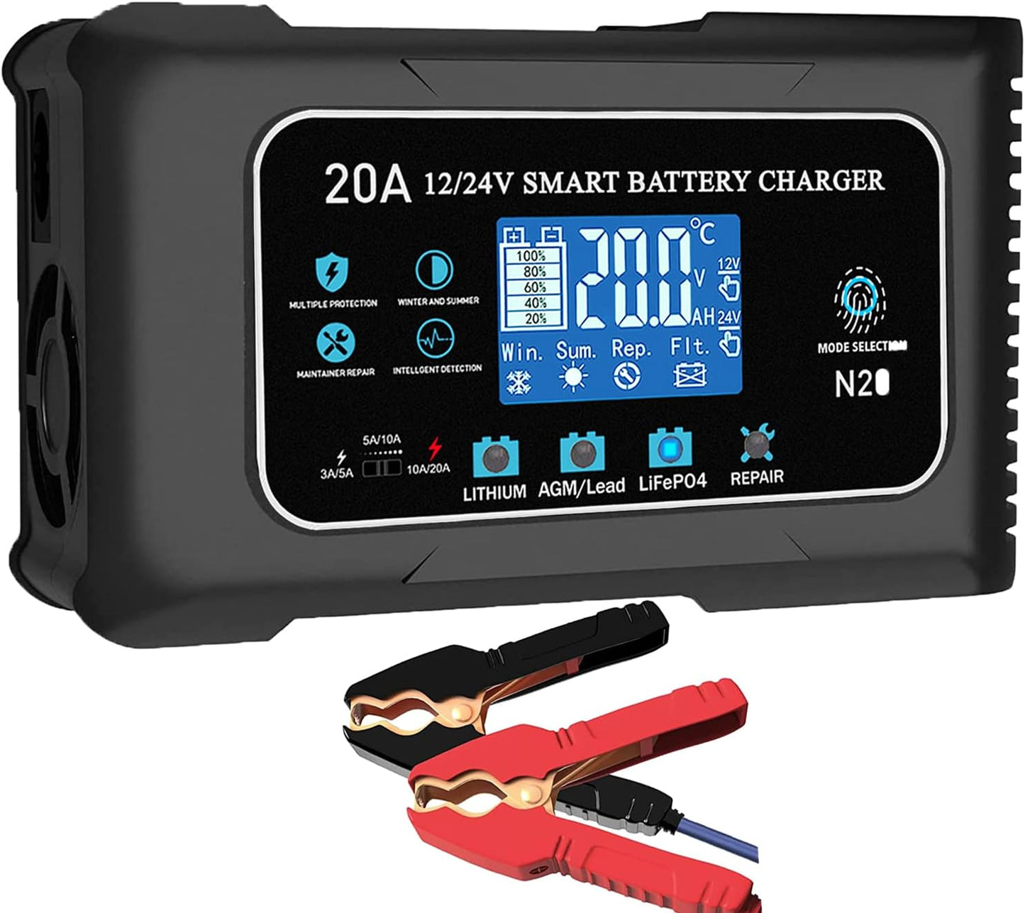 Lithium Lifepo4 Battery Charger,12V 24V Fully Automatic Car Battery Charger, 12 Volt-20A, 24 Volt-10A Trickle Charger maintainer, AGM Deep Cycle Battery Charger